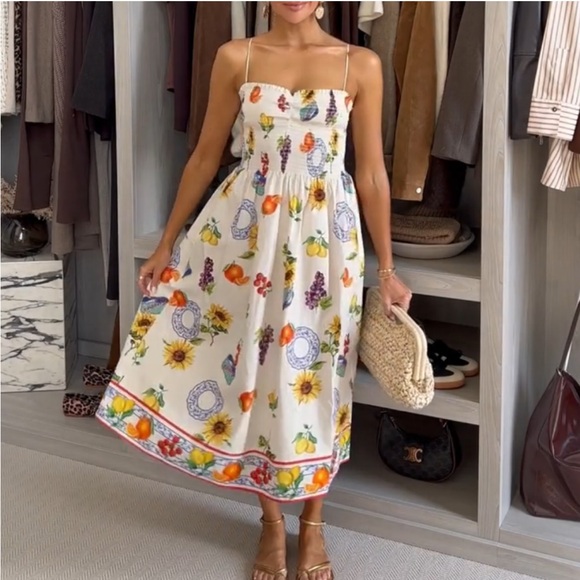 H&M Dresses & Skirts - H&M Smocked Bodice Icon Fruit Floral Print Midi Dress Size Large